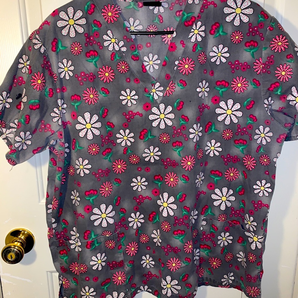 Grey Scrub Top With Flowers And Cherries